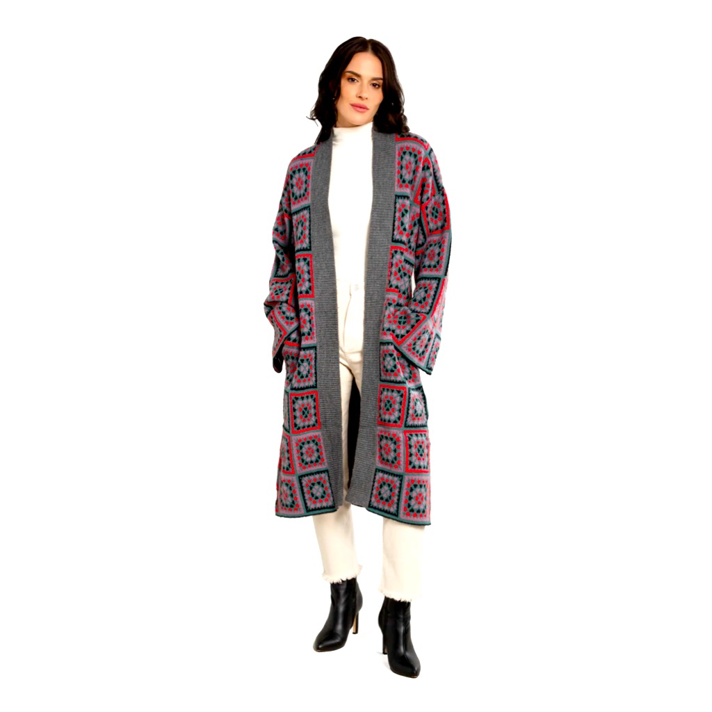 Saachi Knitted Square Patch Cardigan Sweater In Grey